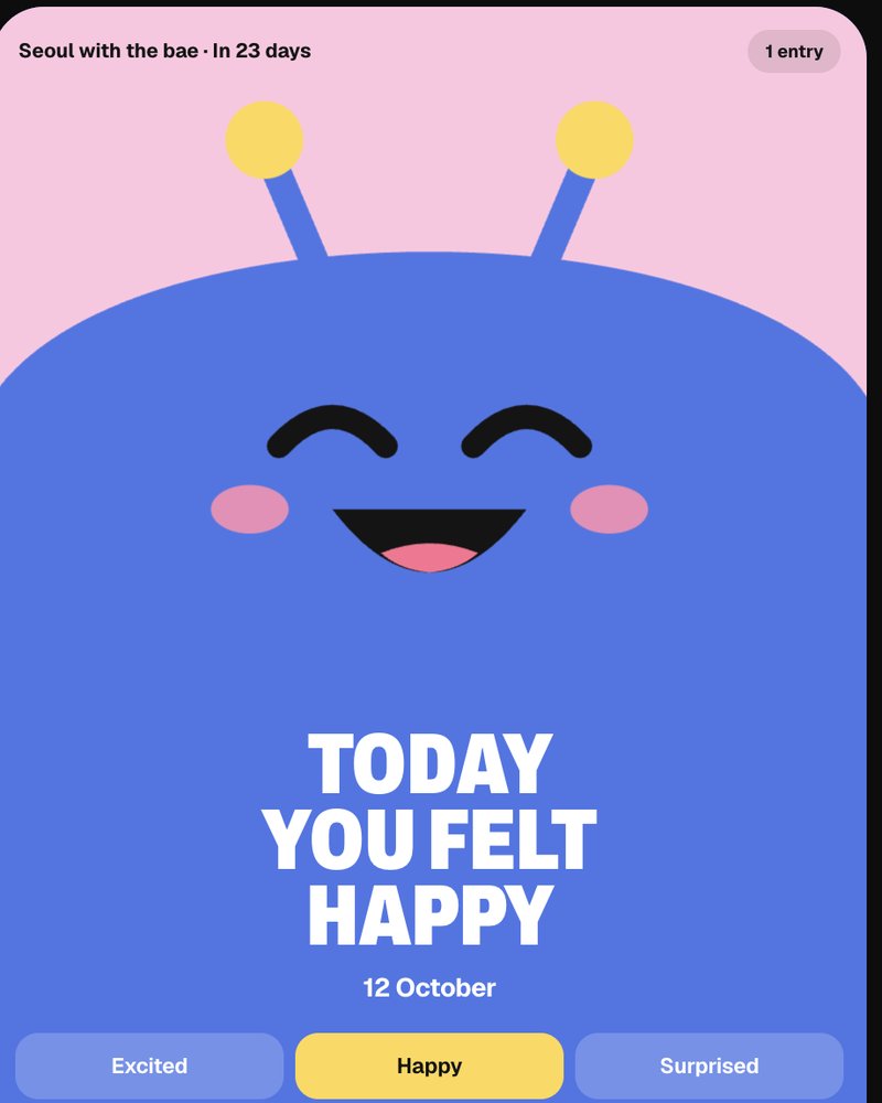 Travel diary app: a cheerful blue mascot over Today you felt happy, with mood buttons