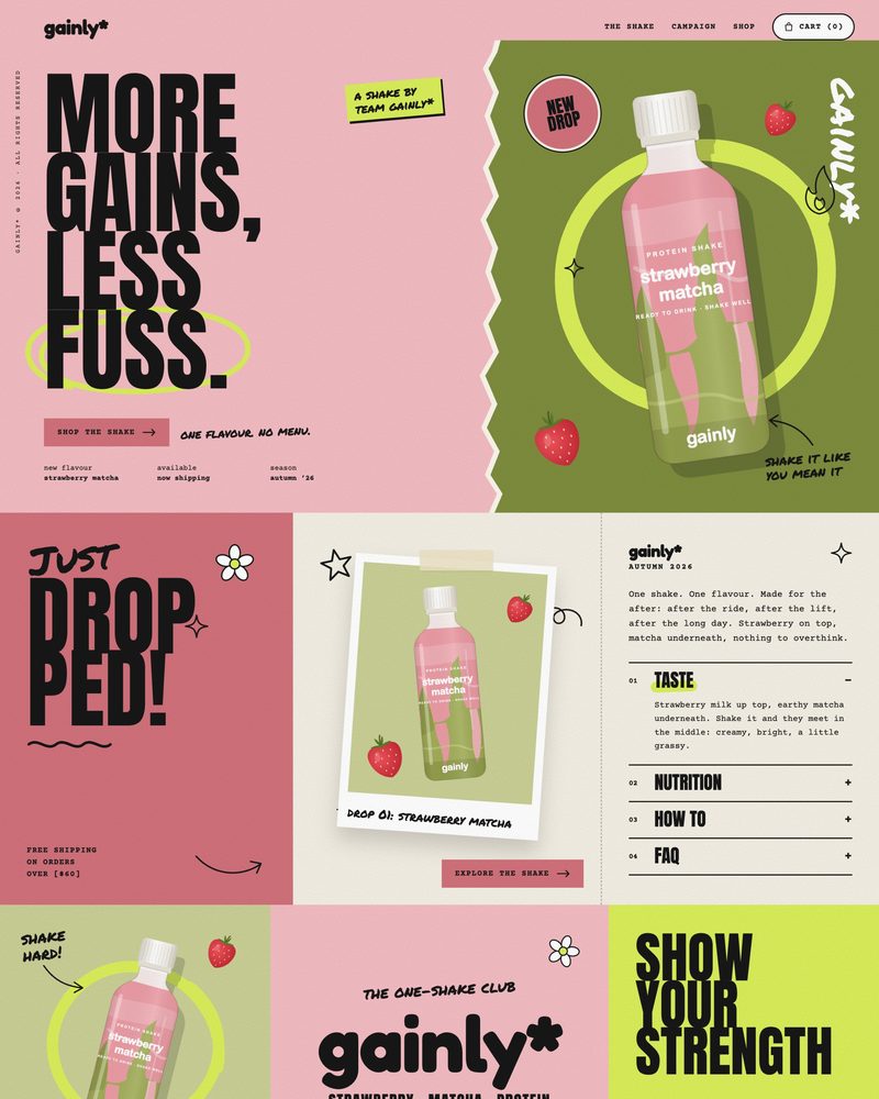 Gainly website: More gains, less fuss hero with the strawberry matcha shake
