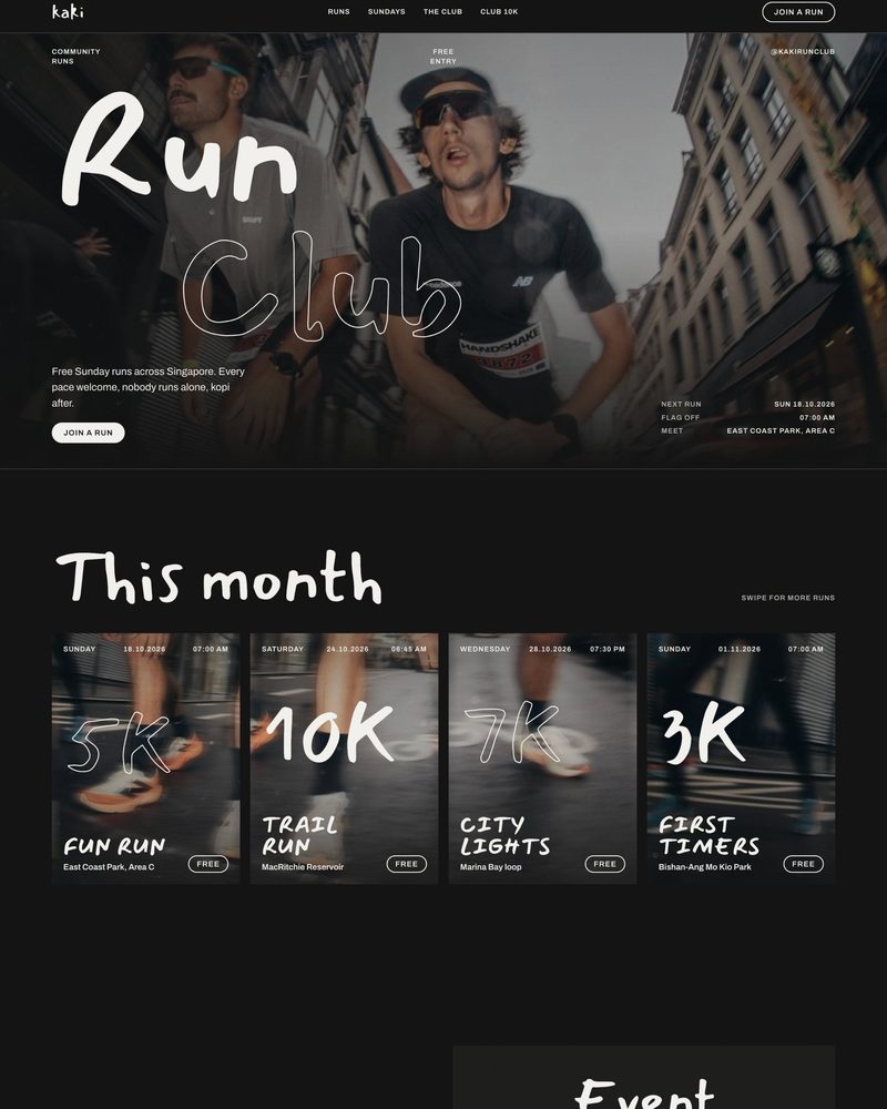Kaki Run Club website: Run Club hero and this month's runs